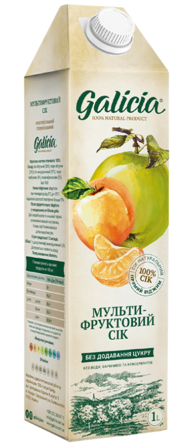 Сік мультифруктовий з м’якоттю із суміші фруктів гомогенізований стерилізований Galicia картонна пляшка 1 л